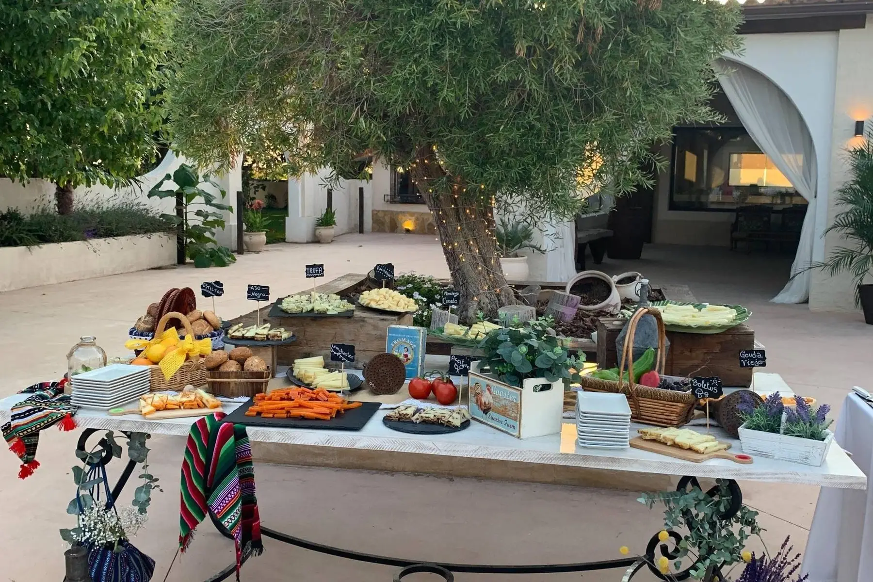 Un buffet de verduras y quesos sobre una mesa de hierro forjado bajo un olivo, delante de una casa blanca